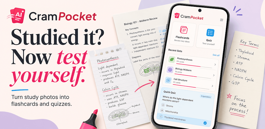 Hero image concept: study notes plus phone showing CramPocket self-testing